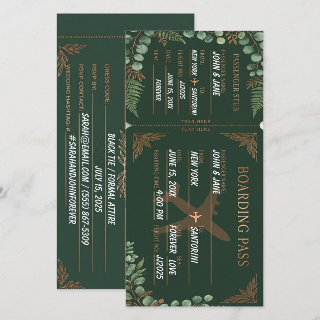 Carte d'embarquement botanique Vert forêt & Cuivre (Devant / Derrière)