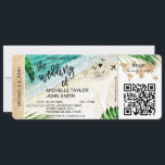 Carte d'embarquement Carte du monde Island Beach R<br><div class="desc">Tropical Island Destination Beach Mariage Pass Embarquement Billets Gold Plane avec RSVP,  icône coeur et avion avec feuilles tropicaux. Ajouter votre code QR</div>