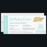 Carte d'embarquement d'anniversaire personnalisée<br><div class="desc">Personnalisez votre propre invitation de billet d'embarquement turquoise et or pour un dîner croisière ou une croisière sur le soleil couchant à bord d'un bateau affrété ou d'un yacht avec notre modèle facile à éditer avec un design de rayures nautiques sur le dos et des polices de billets traditionnelles simples...</div>