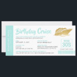 Carte d'embarquement d'anniversaire personnalisée<br><div class="desc">Personnalisez votre propre invitation de billet d'embarquement turquoise et or pour un dîner croisière ou une croisière sur le soleil couchant à bord d'un bateau affrété ou d'un yacht avec notre modèle facile à éditer avec un design de rayures nautiques sur le dos et des polices de billets traditionnelles simples...</div>