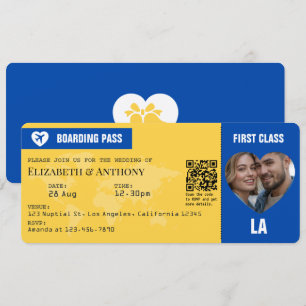 Carte d'embarquement de mariage bleu cobalt et jau