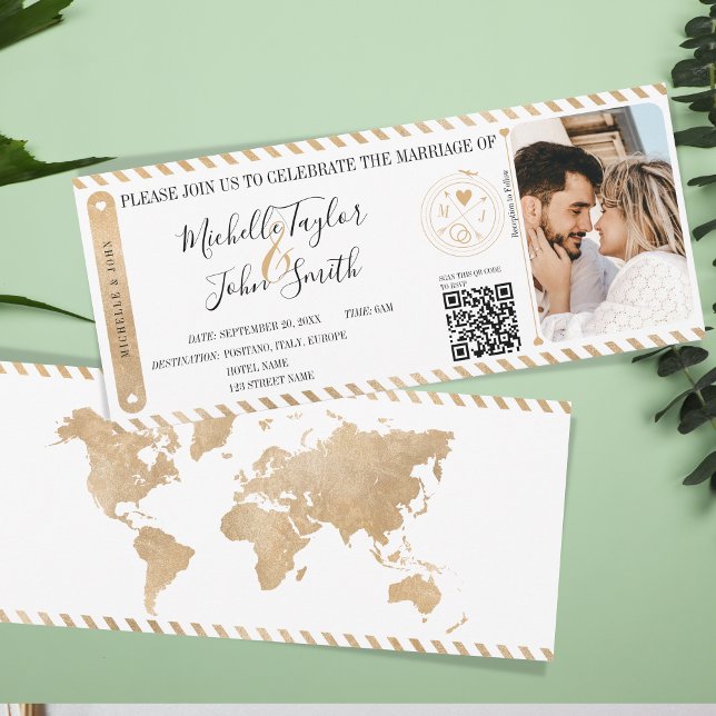 Carte d'embarquement de mariage de destination mod (gold world map boarding pass invitation with photo)