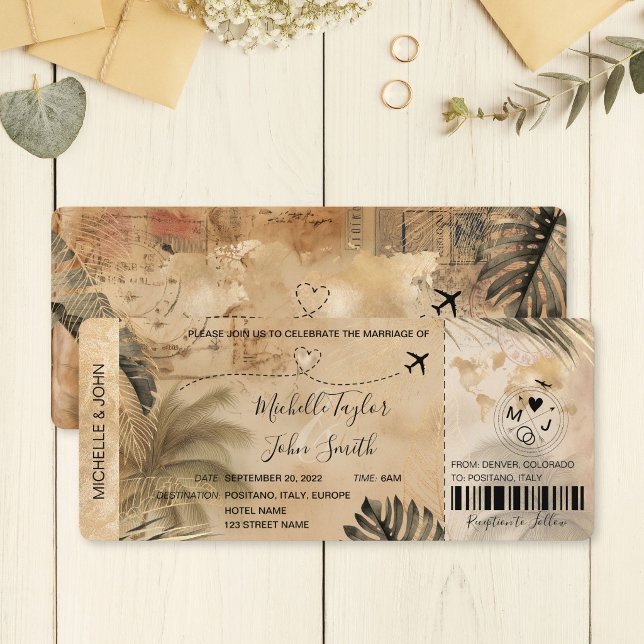Carte d'embarquement de mariage de destination vin (Vintage Destination Wedding Boarding Pass Plane Invitation)