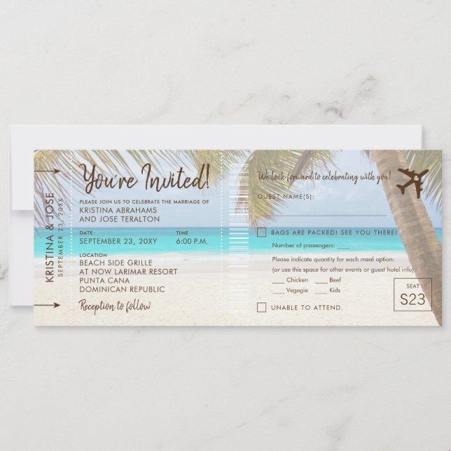 Carte d'embarquement de mariage pour la plage aux  (Devant)