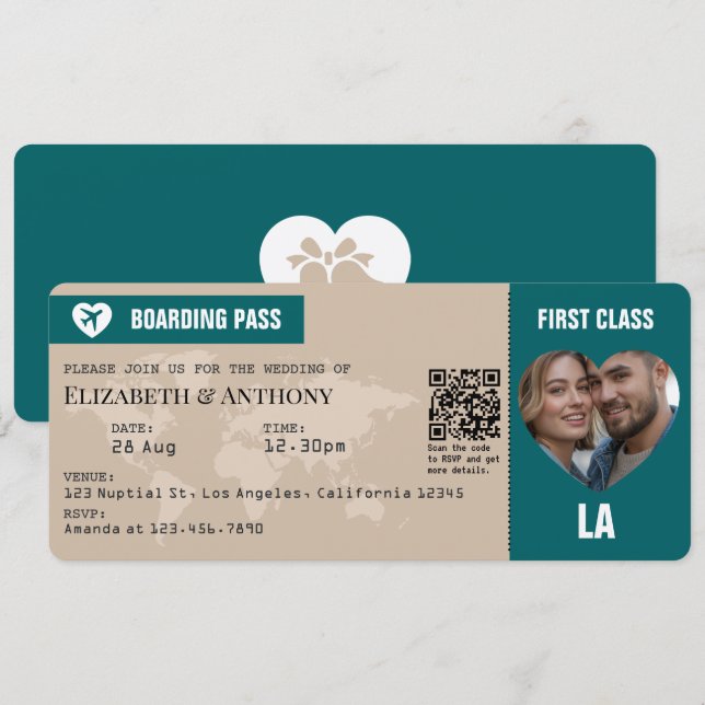 Carte d'embarquement de mariage Sable Beige et Océ (Devant / Derrière)