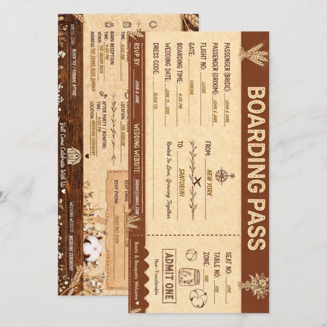 Carte d'embarquement de mariage sur le thème du vo (Devant / Derrière)