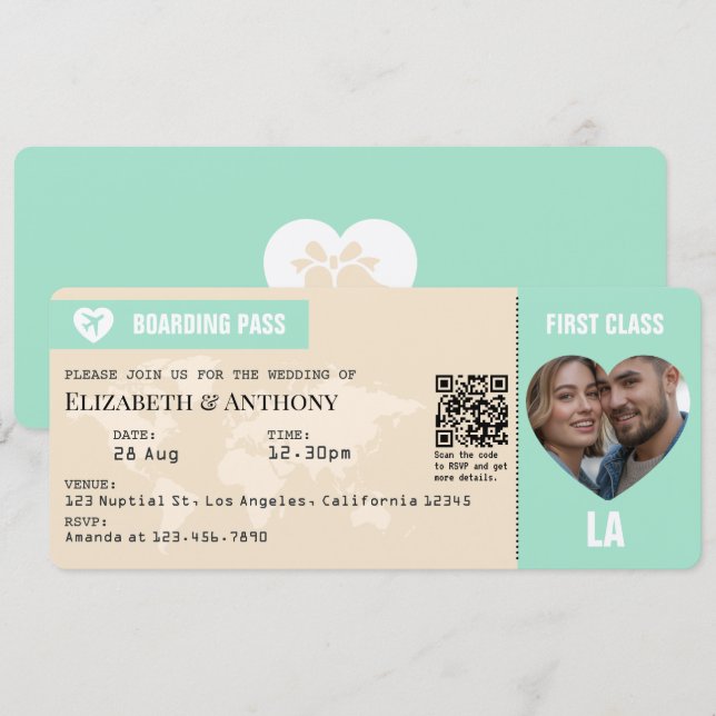 Carte d'embarquement de mariage Vert Menthe et Cha (Devant / Derrière)