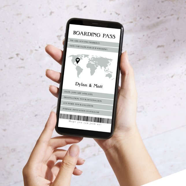 Carte d'embarquement électronique Mariage de rêve  (electronic boarding pass save the date destination wedding sage world map)