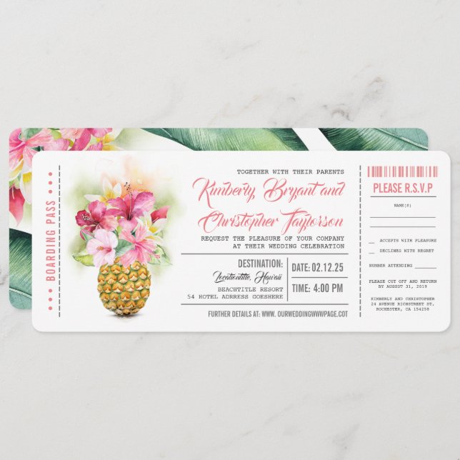 Carte d'embarquement Fleurs Ananas Mariage Tickets (Devant / Derrière)