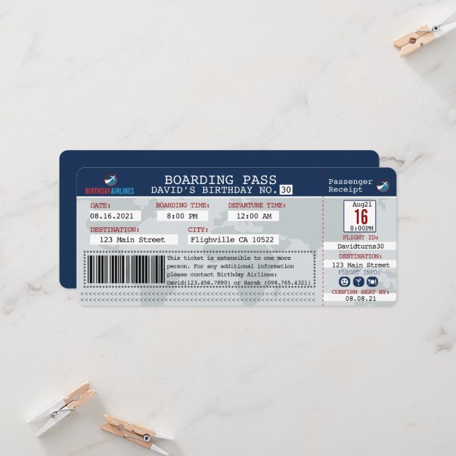 Carte d'embarquement Invitation d'anniversaire (Devant/Arrière en situation)