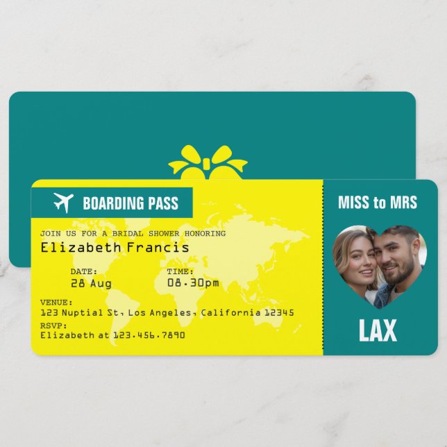 Carte d'embarquement jaune citron et sarcelle pour (Devant / Derrière)