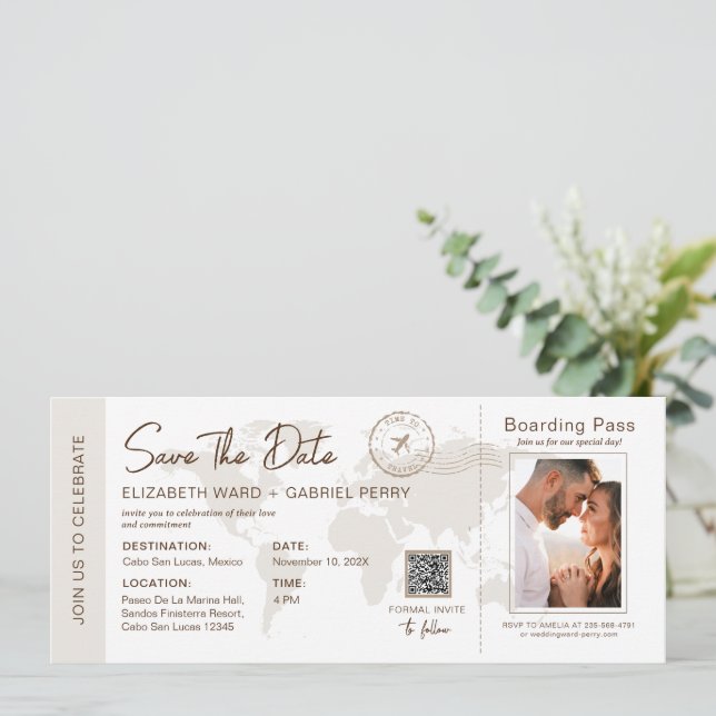 Carte d'embarquement Mariage de voyage Beige (Debout devant)