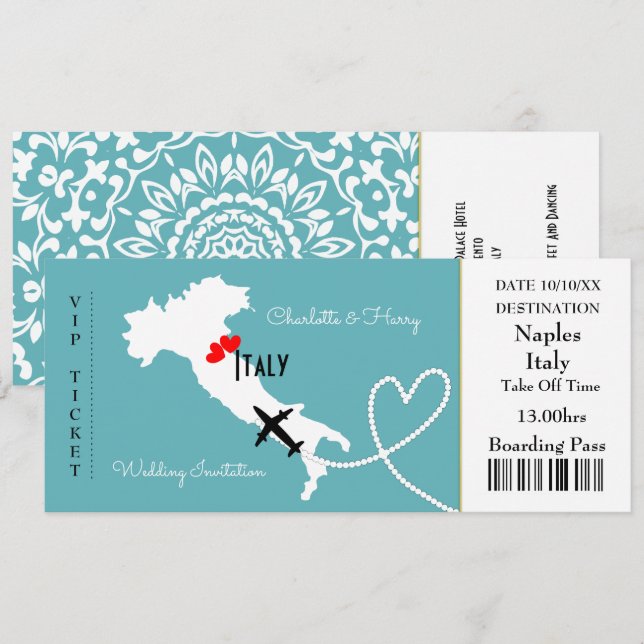Carte d'embarquement Mariage Destination Italie (Devant / Derrière)