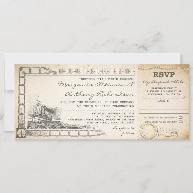 carte d'embarquement mariage invite avec rsvp (Devant)