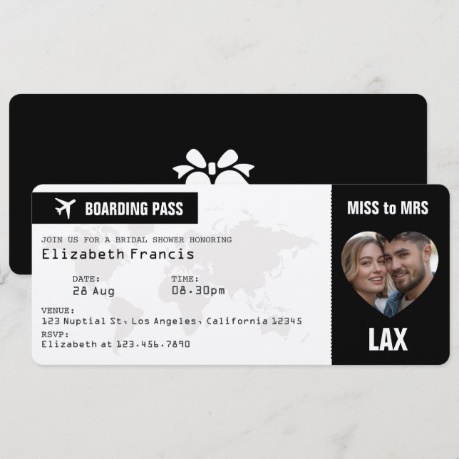 Carte d'embarquement Mariage Noir & Blanc (Devant / Derrière)