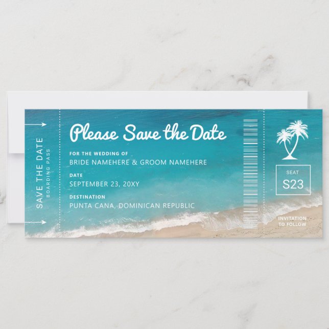 Carte d'embarquement Mariage Plage Moody Turquoise (Devant)