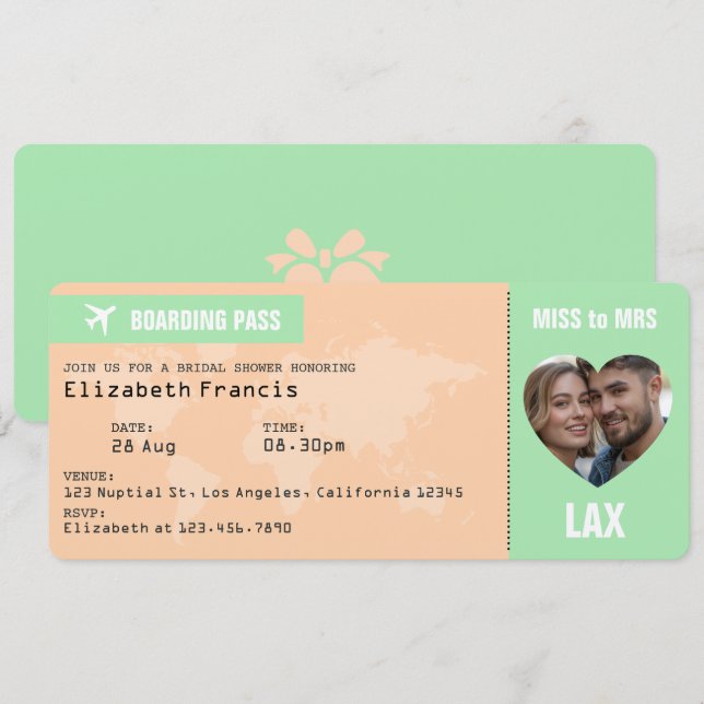 Carte d'embarquement Mariage Thème Pêche & Menthe (Devant / Derrière)