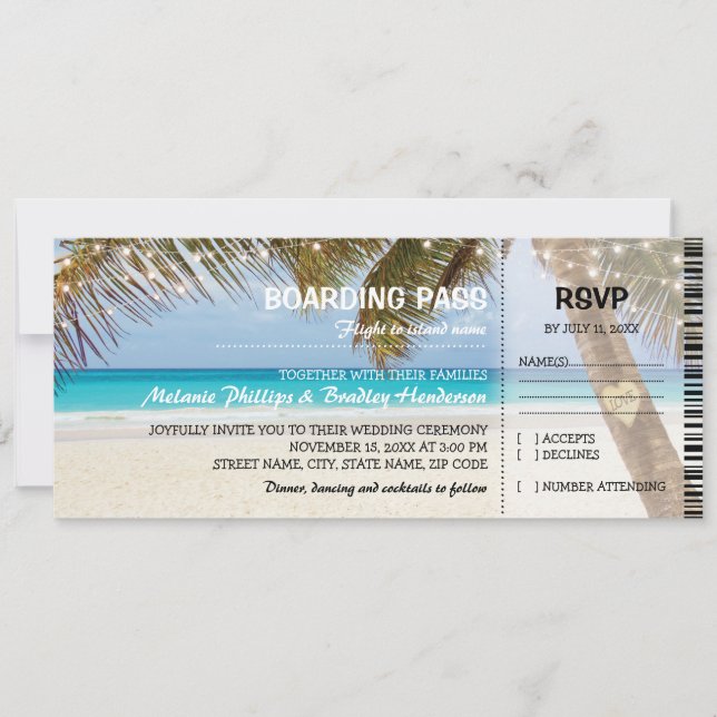 Carte d'embarquement Mariage Tropical sur la Plage (Devant)