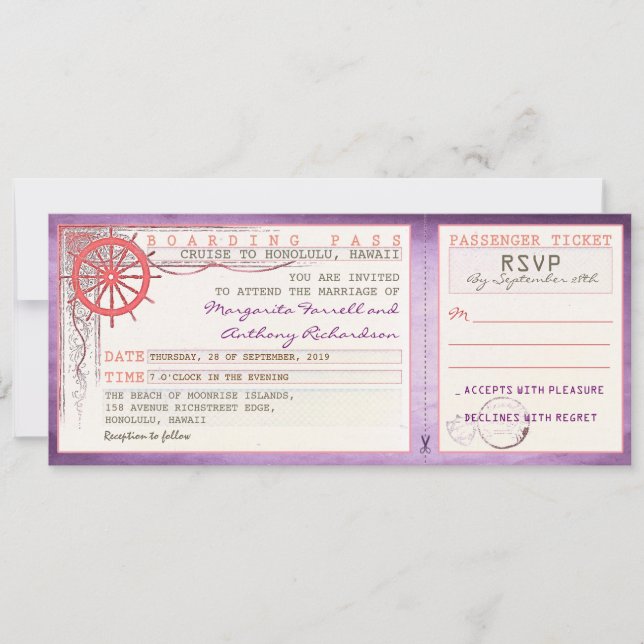 Carte d'embarquement mariage vintage avec RSVP (Devant)