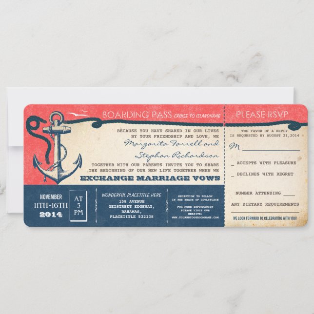 Carte d'embarquement mariage vintage avec RSVP (Devant)
