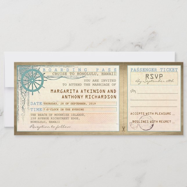 Carte d'embarquement mariage vintage avec RSVP (Devant)