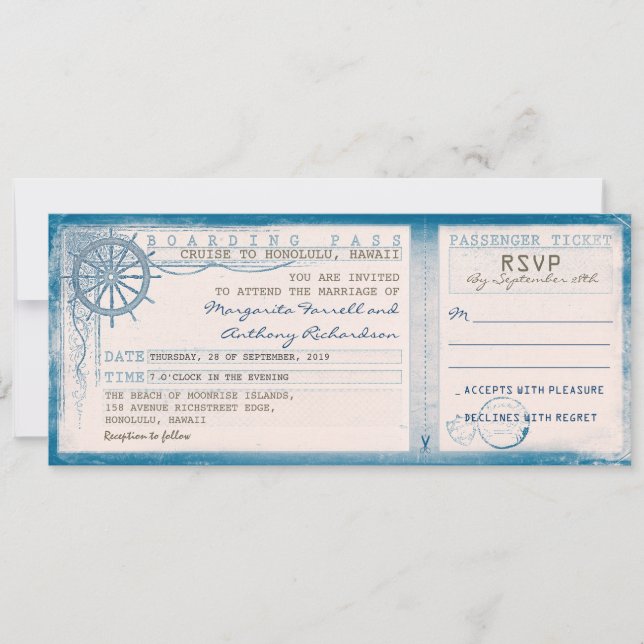 Carte d'embarquement mariage vintage avec RSVP (Devant)