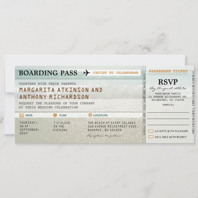 carte d'embarquement plage vagues mariage invite & (Devant)