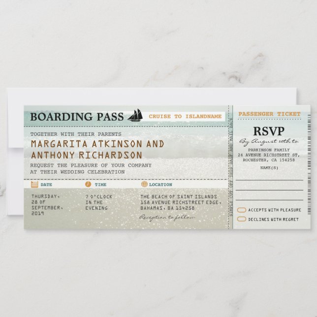 carte d'embarquement plage vagues mariage invite & (Devant)