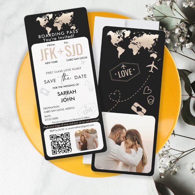 Carte d'embarquement Plan de billet Destination av (black and gold boarding pass save the date with photo and qr code)