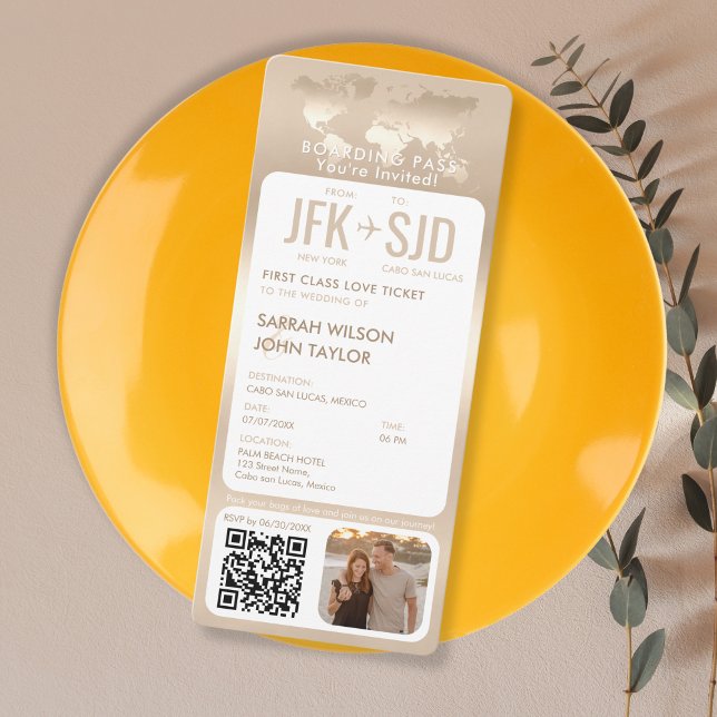 Carte d'embarquement Plane Billetterie Destination (modern elegant gold boarding pass wedding invitation with a photo and qr code)