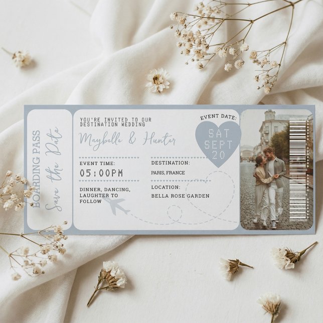  Carte d'embarquement pour mariage de destination  (Destination Wedding Boarding Pass Plane Ticket Blue)