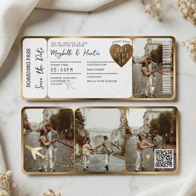 Carte d'embarquement pour mariage de destination B (Destination Wedding Boarding Pass Gold Ticket QR Invitation)