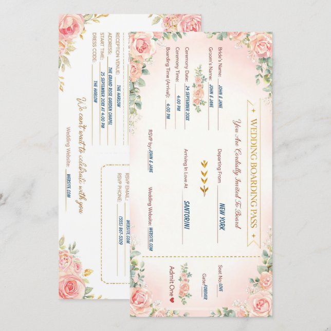 Carte d'embarquement romantique pour invitation de (Devant / Derrière)