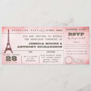 carte d'embarquement rose vintage de mariage vers