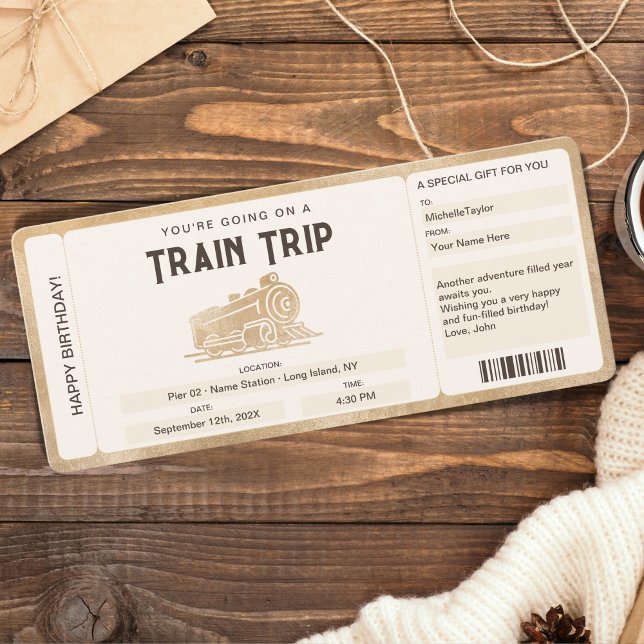 Carte d'embarquement surprise Billet Train Voyage (surprise train trip ticket with golden train)