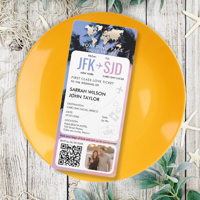 Carte d'embarquement Tropical Beach Destination (modern vertical boarding pass wedding invitation with tropical beach background IN PINK AND BLUE)