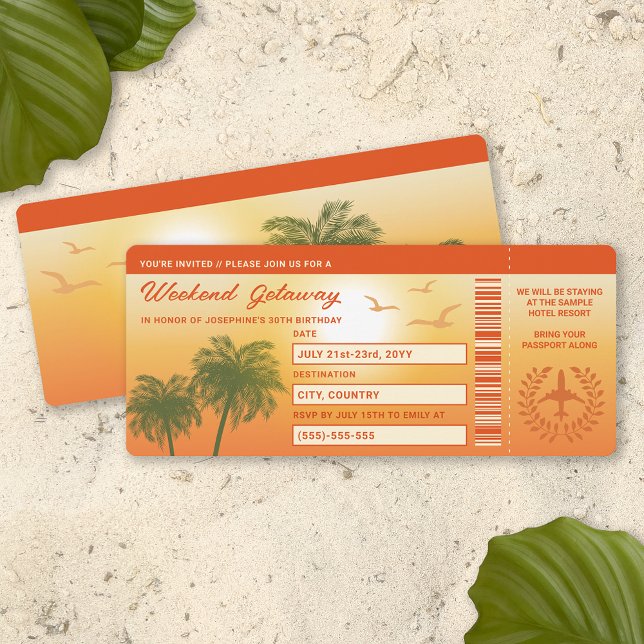Carte d'embarquement Tropicale Getaway Faux Boardi (This design is ideal for birthday trips to warm places, weekend getaways, bachelorette trips etc.)