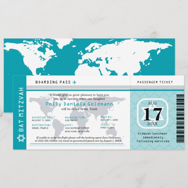 Carte d'embarquement turquoise Bat mitzvah World T (Devant / Derrière)