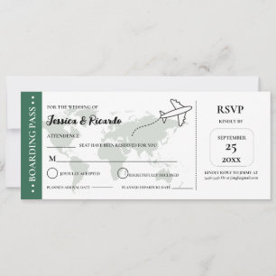 Carte d'embarquement verte mariage RSVP