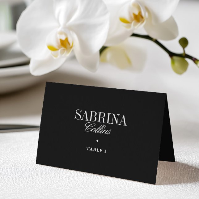 Carte d'emplacement de mariage élégante noir et bl (Elegant Black & White Wedding Place Card)