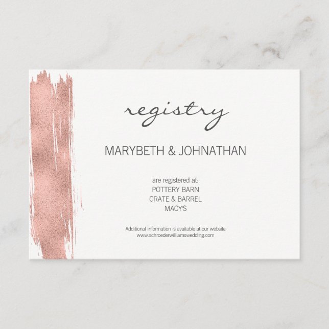 Carte d'enregistrement du Mariage Rose Gold Brusch (Devant)