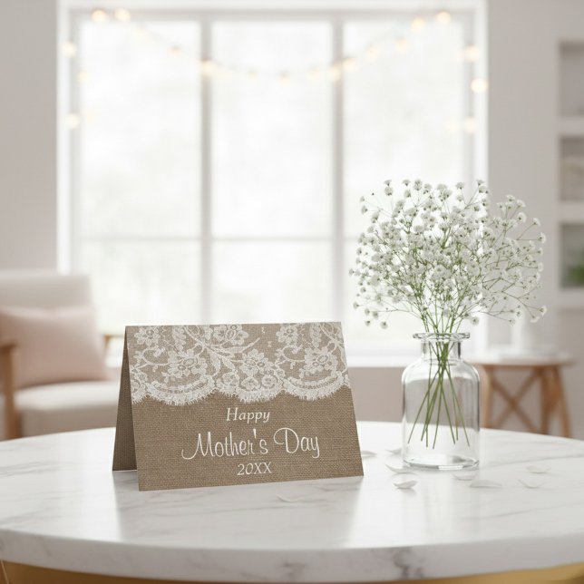 Carte Dentelle Blanche Sur Burlap Rustique Bonne Fête de (Créateur téléchargé)