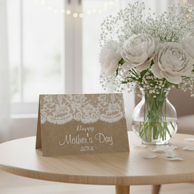Carte Dentelle Blanche Sur Kraft Rustique Bonne Fête Des (Créateur téléchargé)