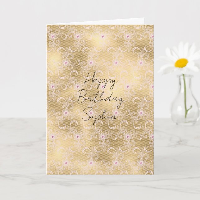 Carte Dentelle Florale Rose Or (Petite plante)