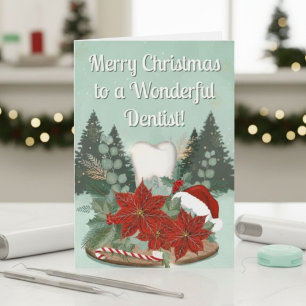 Carte Dentiste de Noël moderne avec dent et poinsettias