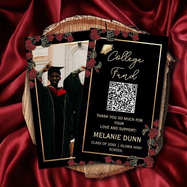Carte d'enveloppe de remise de diplômes de fonds u (College fund graduation enclosure card @zazzlemade #qrcodegraduationcard #redfloral #red andgold )