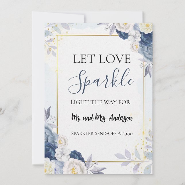 Carte d'envoi Blue Gold Floral mariage Sparkler (Devant)