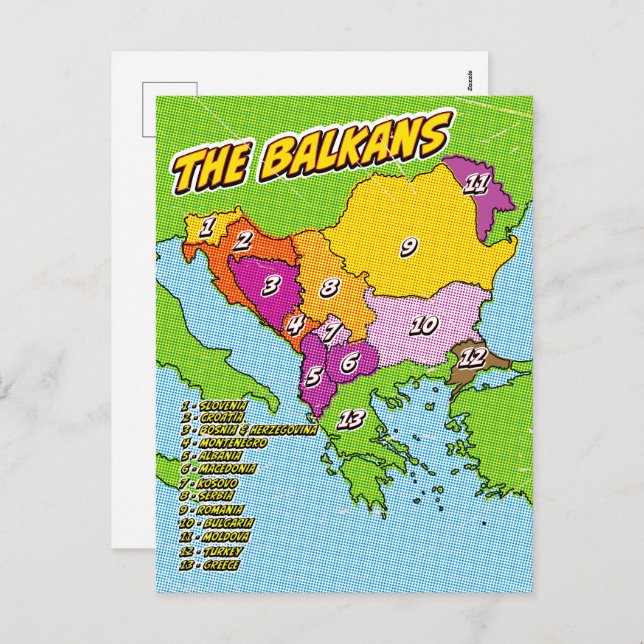 Carte des Balkans illustrée par Pop Art (Devant / Derrière)