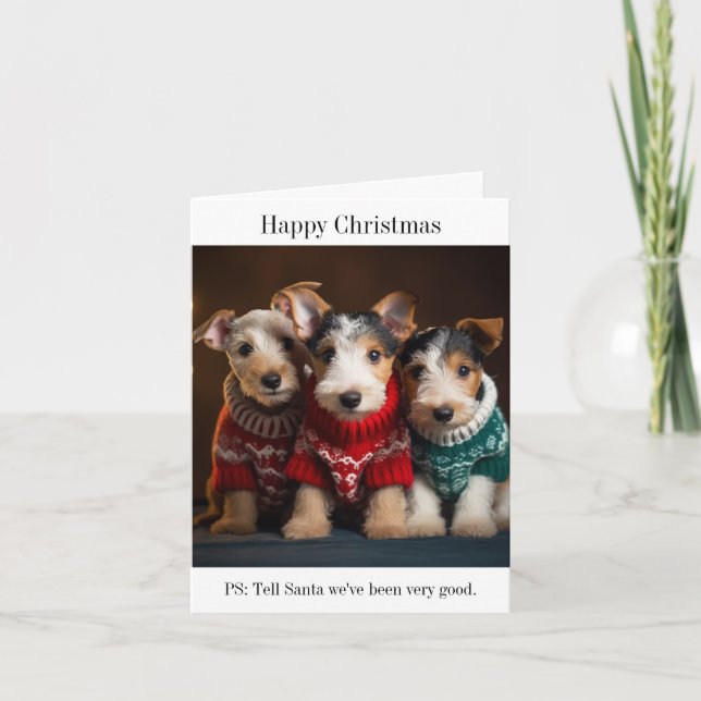 Carte Des chiots Fox Terrier dans les pulls de Noël (Devant)