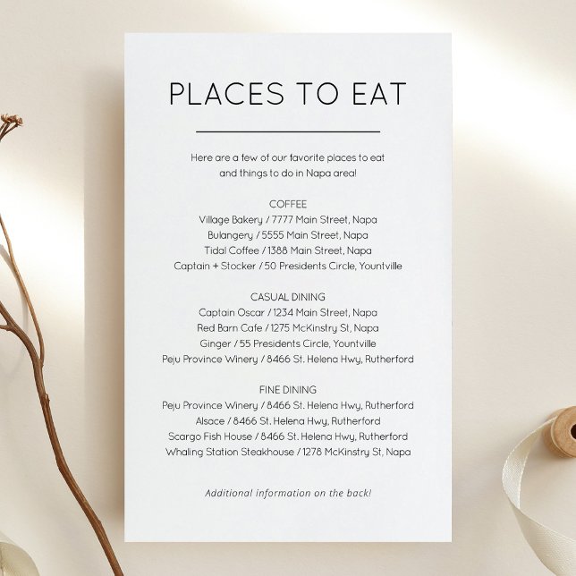 Carte des lieux à manger et des choses à faire (Wedding Places to eat and Things to do card)